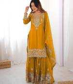 Mustard faux georgette embroidered sharara set