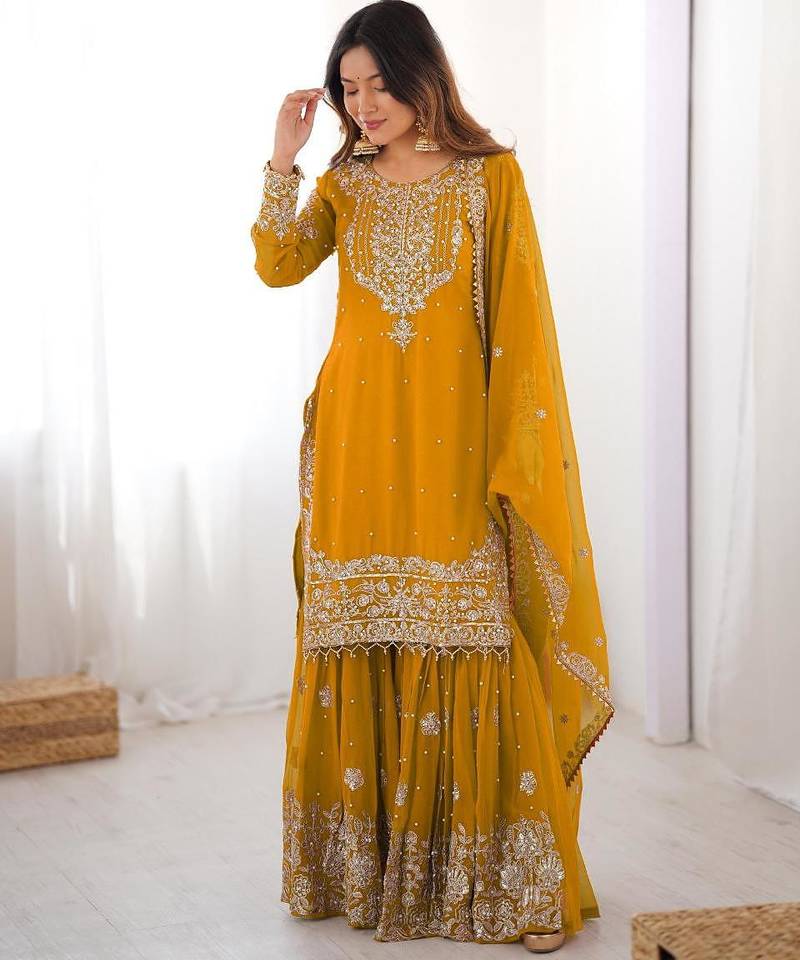 Mustard faux georgette embroidered sharara set