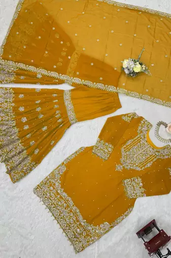 Mustard faux georgette embroidered sharara set