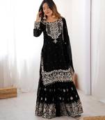 Black faux georgette embroidered sharara set