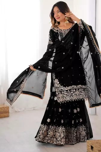Black faux georgette embroidered sharara set