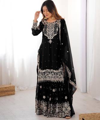 Black faux georgette embroidered sharara set 3