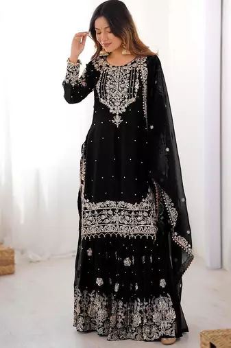 Black faux georgette embroidered sharara set