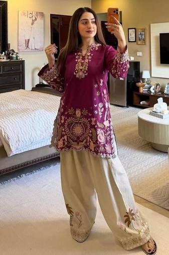 Purple crepe embroidered kurta set