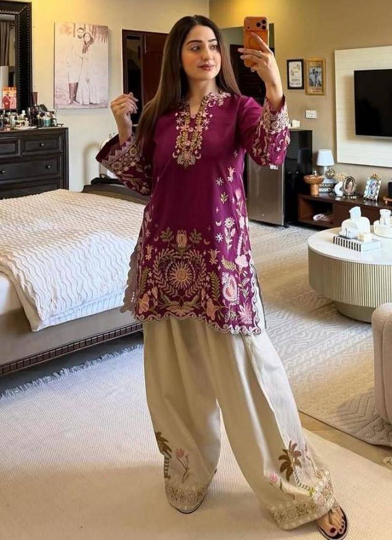Purple crepe embroidered kurta set