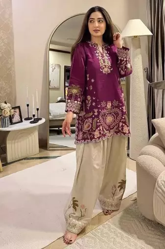 Purple crepe embroidered kurta set