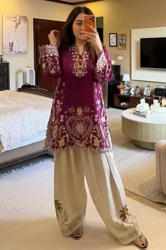 Purple crepe embroidered kurta set