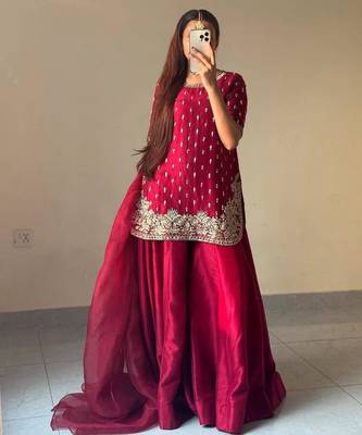 Red crepe embroidered sharara set 1