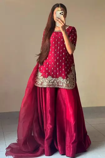 Red crepe embroidered sharara set