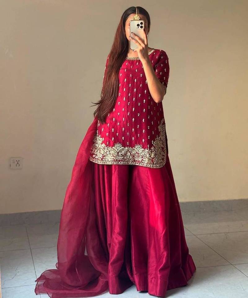 Red crepe embroidered sharara set