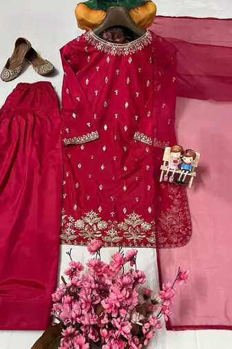 Red crepe embroidered sharara set