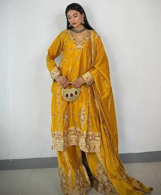 Yellow silk blend embroidered sharara set 1