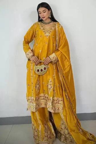Yellow silk blend embroidered sharara set