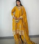 Yellow silk blend embroidered sharara set