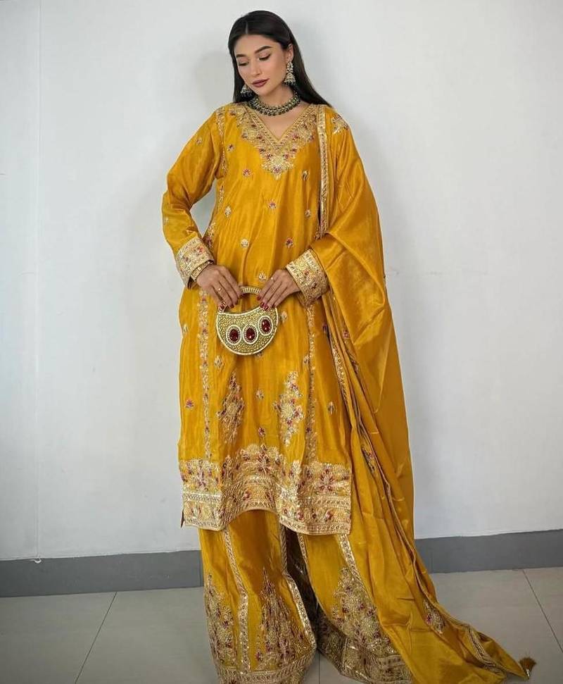 Yellow silk blend embroidered sharara set