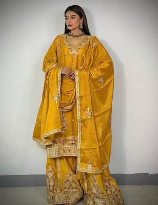 Yellow silk blend embroidered sharara set 2