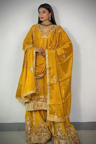 Yellow silk blend embroidered sharara set