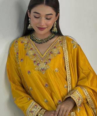 Yellow silk blend embroidered sharara set 3