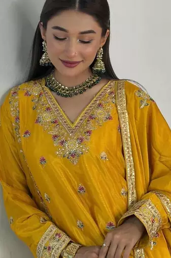 Yellow silk blend embroidered sharara set