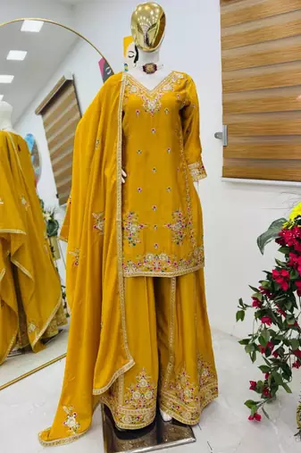 Yellow silk blend embroidered sharara set