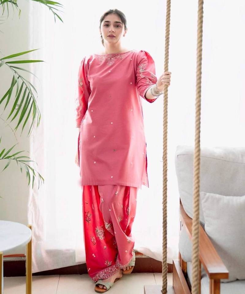 Pink silk blend embroidered farshi salwar set