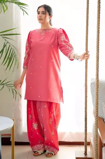 Pink silk blend embroidered farshi salwar set