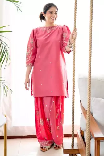 Pink silk blend embroidered farshi salwar set