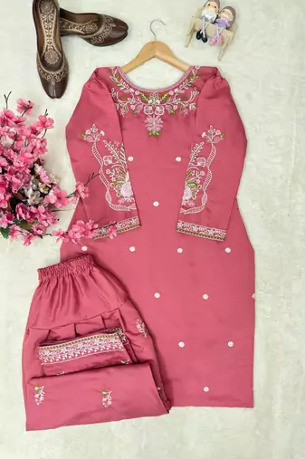 Pink silk blend embroidered farshi salwar set