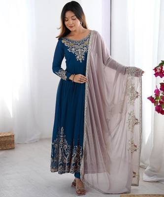 Teal georgette embroidered flared gown set 1
