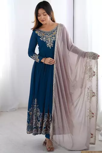 Teal georgette embroidered flared gown set