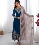 Teal georgette embroidered flared gown set