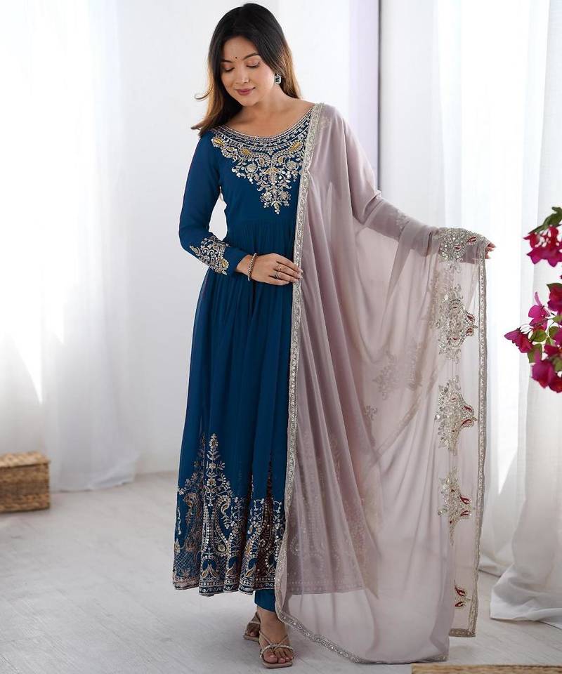 Teal georgette embroidered flared gown set