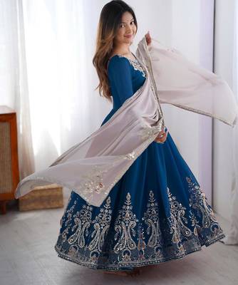 Teal georgette embroidered flared gown set 2