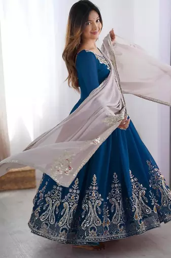 Teal georgette embroidered flared gown set