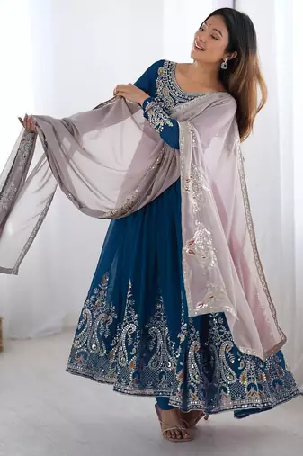 Teal georgette embroidered flared gown set