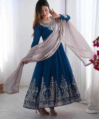 Teal georgette embroidered flared gown set 4