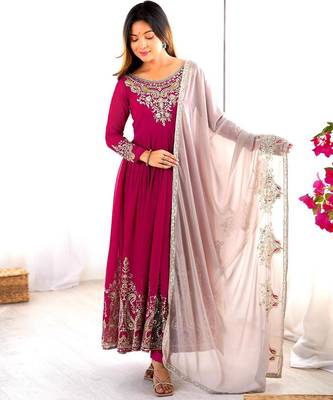 Pink georgette embroidered flared gown set 1