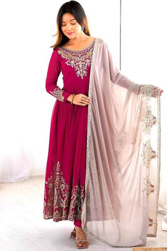 Pink georgette embroidered flared gown set