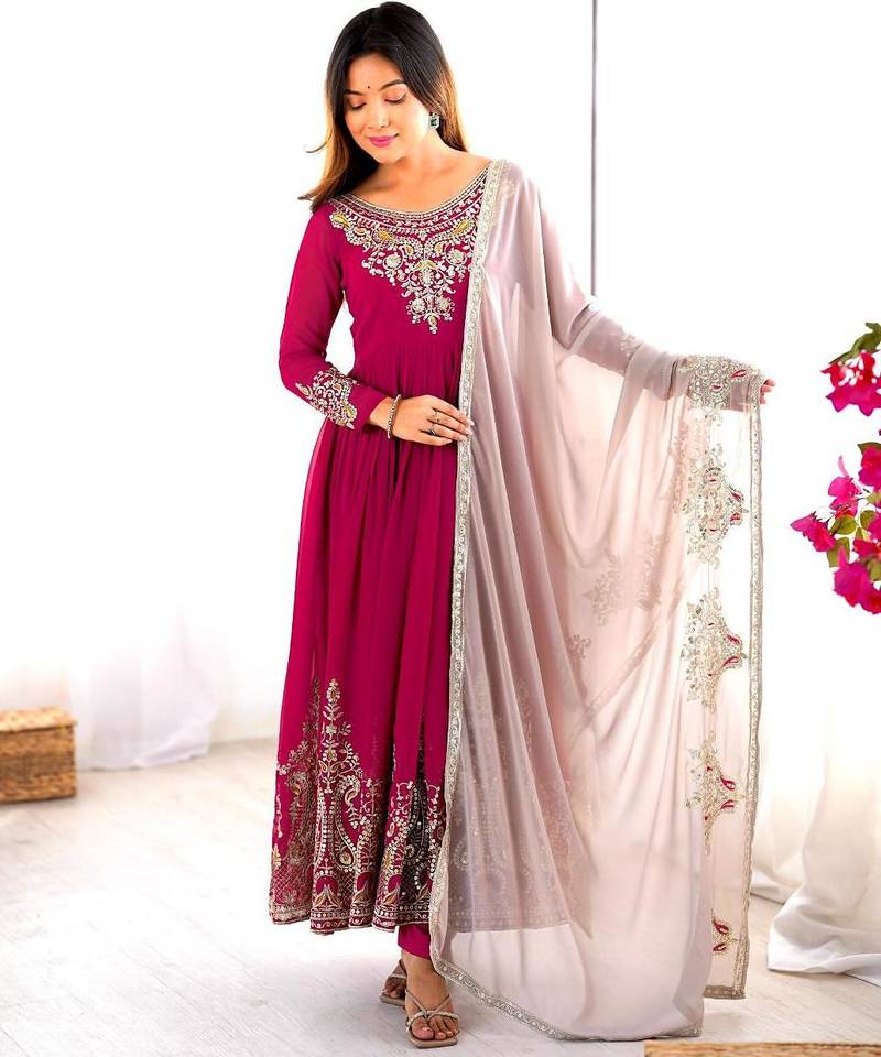Pink georgette embroidered flared gown set