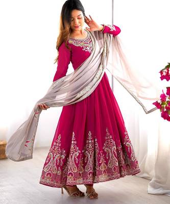 Pink georgette embroidered flared gown set 2