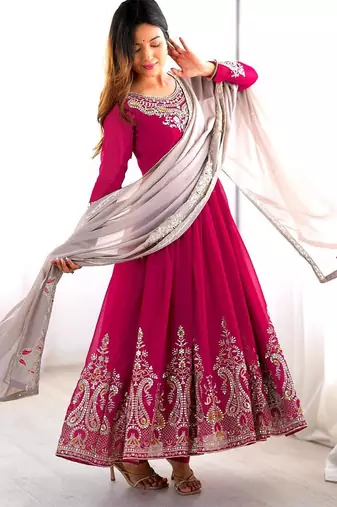 Pink georgette embroidered flared gown set