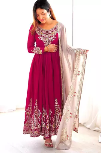 Pink georgette embroidered flared gown set