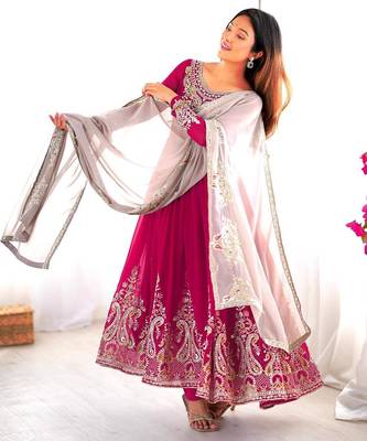 Pink georgette embroidered flared gown set 4