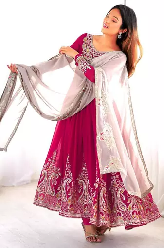 Pink georgette embroidered flared gown set