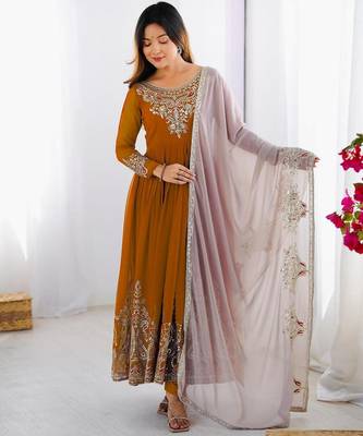 Mustard georgette embroidered flared gown set 1