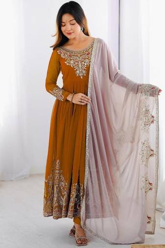 Mustard georgette embroidered flared gown set