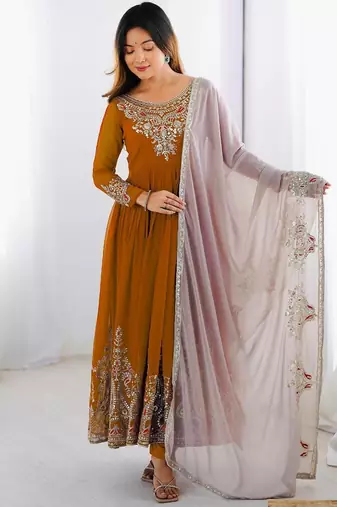 Mustard georgette embroidered flared gown set