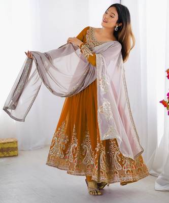 Mustard georgette embroidered flared gown set 2