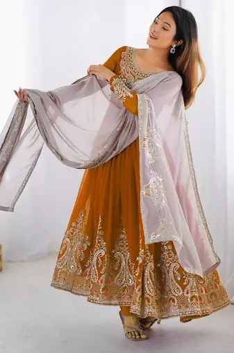 Mustard georgette embroidered flared gown set