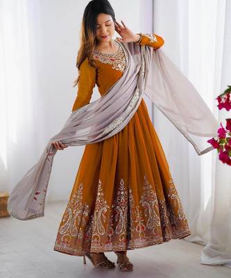 Mustard georgette embroidered flared gown set 3